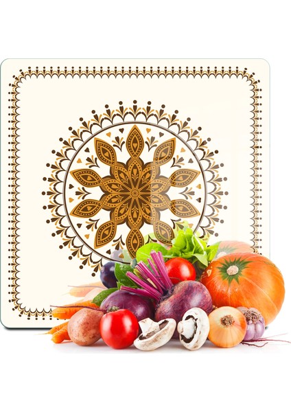 Cam Kesme Tahtası ve Sunumluk Kare Kahve Çini Desenli 30X30 cm