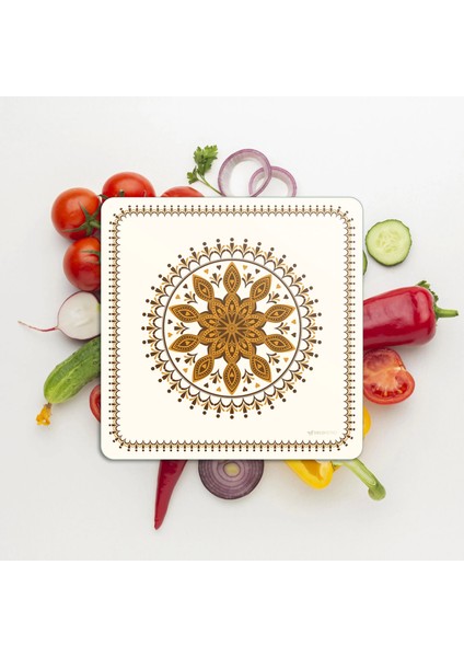 Cam Kesme Tahtası ve Sunumluk Kare Kahve Çini Desenli 30X30 cm modelleri