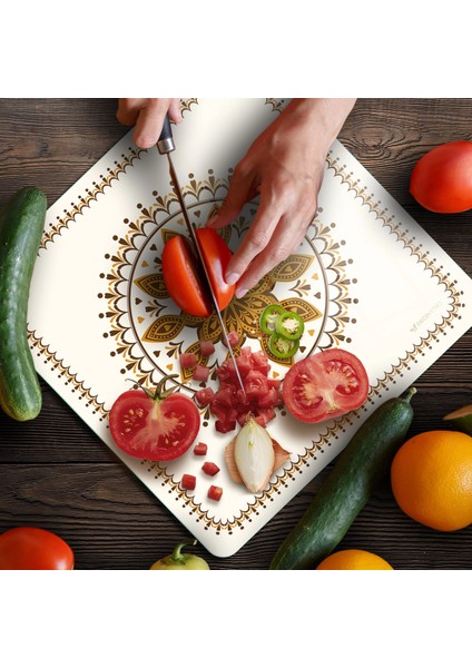 Cam Kesme Tahtası ve Sunumluk Kare Kahve Çini Desenli 30X30 cm fırsatları