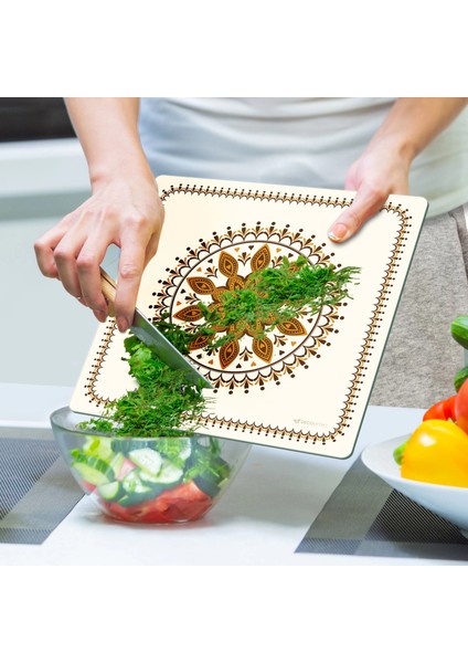 Cam Kesme Tahtası ve Sunumluk Kare Kahve Çini Desenli 30X30 cm indirimleri