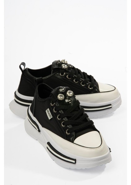 Kadın Paraşüt Sneaker Taş Detaylı Kalın Tabanlı Siyah Zeyra