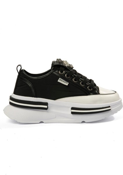 Kadın Paraşüt Sneaker Taş Detaylı Kalın Tabanlı Siyah Zeyra modelleri