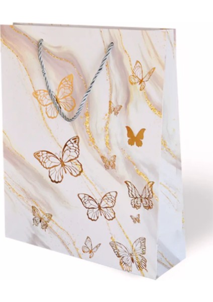 Hediyelik Karton Çanta Kelebek Temalı Varak Baskılı Saplı Kraft Çanta Mavi 10 Adet