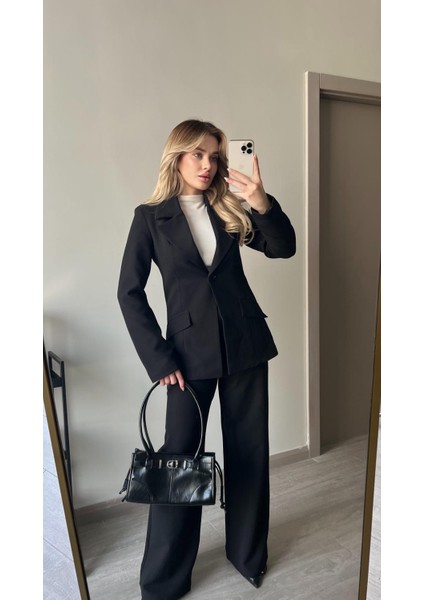Beli Daralan Orta Boy Astarlı Vatkalı Tasarım Cep Detay Premium Blazer Ceket Yüksek Bel Palazzo Pantolon Ikili Şık Muadil Takım
