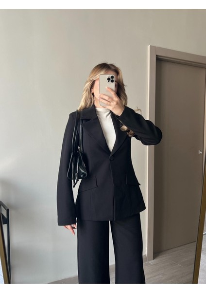 Beli Daralan Orta Boy Astarlı Vatkalı Tasarım Cep Detay Premium Blazer Ceket Yüksek Bel Palazzo Pantolon Ikili Şık Muadil Takım fiyatları