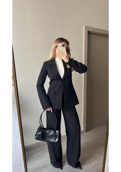 Beli Daralan Orta Boy Astarlı Vatkalı Tasarım Cep Detay Premium Blazer Ceket Yüksek Bel Palazzo Pantolon Ikili Şık Muadil Takım modelleri