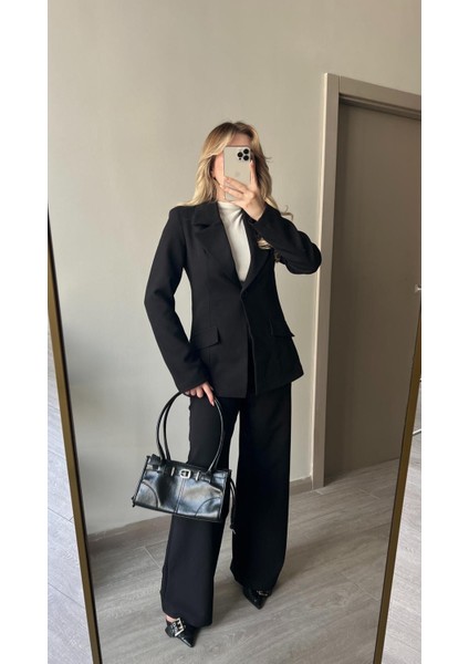 Beli Daralan Orta Boy Astarlı Vatkalı Tasarım Cep Detay Premium Blazer Ceket Yüksek Bel Palazzo Pantolon Ikili Şık Muadil Takım indirimleri