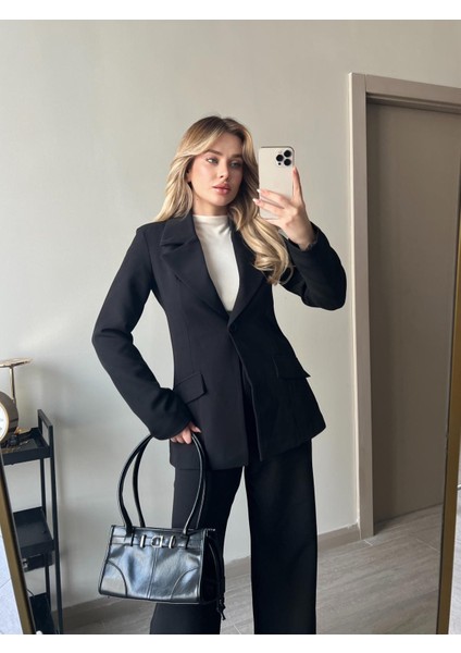 Beli Daralan Orta Boy Astarlı Vatkalı Tasarım Cep Detay Premium Blazer Ceket Yüksek Bel Palazzo Pantolon Ikili Şık Muadil Takım