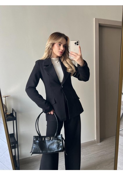 Beli Daralan Orta Boy Astarlı Vatkalı Tasarım Cep Detay Premium Blazer Ceket Yüksek Bel Palazzo Pantolon Ikili Şık Muadil Takım