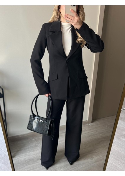 Beli Daralan Orta Boy Astarlı Vatkalı Tasarım Cep Detay Premium Blazer Ceket Yüksek Bel Palazzo Pantolon Ikili Şık Muadil Takım