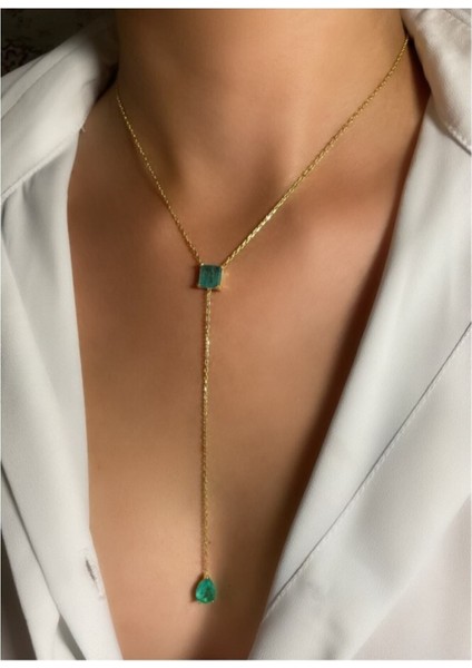 Altın Kaplama Y Kolye Paraiba Kolye 925 Ayar Gümüş