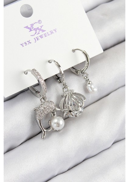 Pirinç Zirkon Taşlı 3'lü Yunus Balığı ve Istiridye Model Gümüş Renk Kadın Küpe