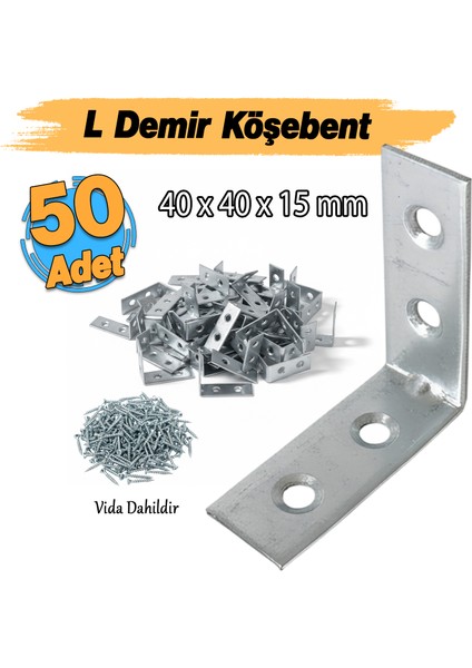 (50 Adet) Metal Köşebent 40X40X15 mm Kalın L Demiri Gönye Mobilya Duvar Sabitleme Bağlantı Aparatı