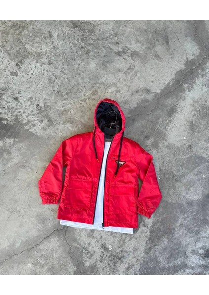 Unisex Çocuk Kapüşonlu Çift Cepli Mevsimlik Yağmurluk