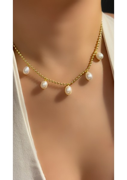 Altın Kaplama Kibar ve Zarif Top Zincir Gerçek Doğal Incili Kolye 925 Ayar Gümüş Top Zincirli Inci Kolye