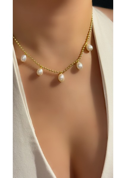 Altın Kaplama Kibar ve Zarif Top Zincir Gerçek Doğal Incili Kolye 925 Ayar Gümüş Top Zincirli Inci Kolye modelleri