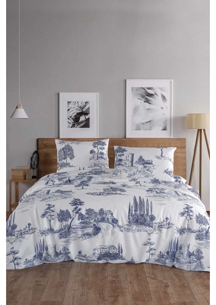 Vintage Blu %100 Pamuk Çift Kişilik Nevresim Takımı