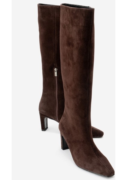 Lume Kahverengi Süet Hakiki Deri Kadın Blok Topuklu Çizme