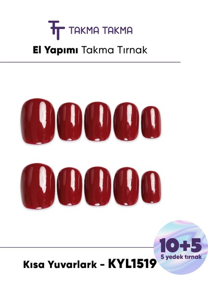 15'li Bordo Kısa Yuvarlak KYL1519 Tekrar Kullanılabilir El Yapımı Protez Takma Tırnak - Bordo-L