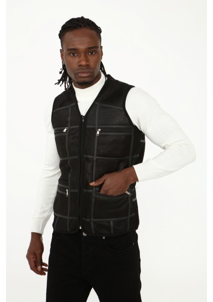 Parçalı Hakiki Deri ve Hakiki Kürk Parçalı Yelek