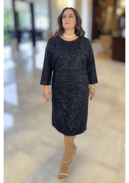 Simli Ip Örgü Bisiklet Yaka Truvakar Kol Büyük Beden Astarlı Gece Elbisesi