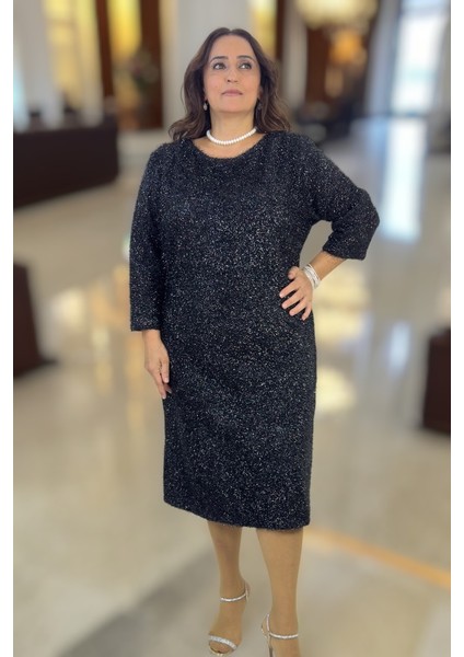 Simli Ip Örgü Bisiklet Yaka Truvakar Kol Büyük Beden Astarlı Gece Elbisesi fiyatları