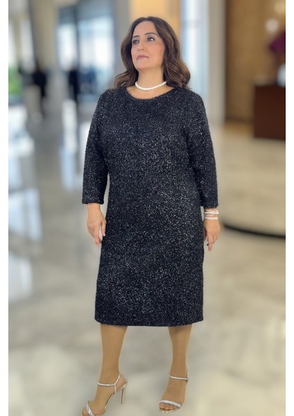 Simli Ip Örgü Bisiklet Yaka Truvakar Kol Büyük Beden Astarlı Gece Elbisesi modelleri