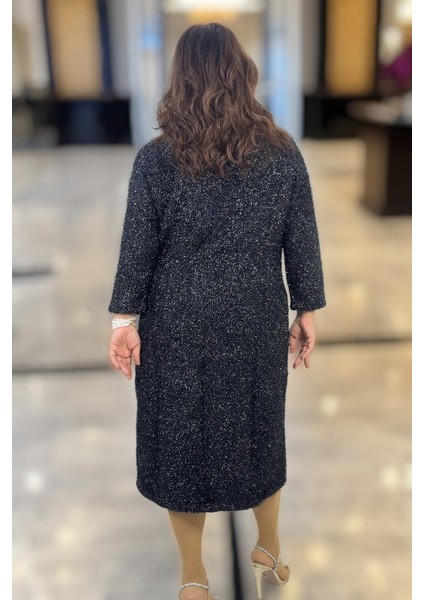 Simli Ip Örgü Bisiklet Yaka Truvakar Kol Büyük Beden Astarlı Gece Elbisesi fırsatları