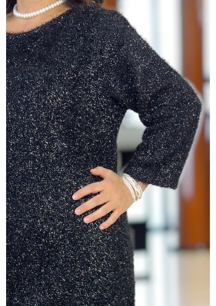 Simli Ip Örgü Bisiklet Yaka Truvakar Kol Büyük Beden Astarlı Gece Elbisesi indirimleri