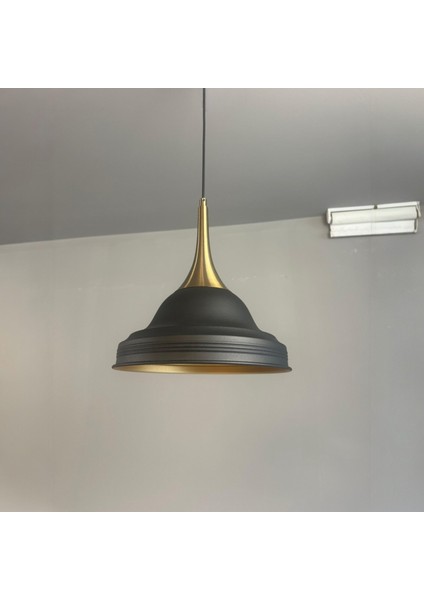 Ulmete Siyah Renk Eskitme Külah Başlık Tekli Sarkıt Avize Salon Restoran Avizeleri Vintage Tasarım