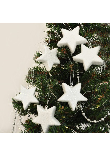 Yılbaşı Çam Ağaç Süsü Simli Beyaz Yıldız 6lı Dekor Süs