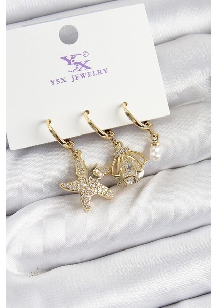 Pirinç Zirkon Taşlı Deniz Yıldızı ve Istiridye Model Gold Renk 3'lü Kadın Küpe