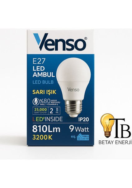 E27 LED Ampul | 9W | 810 Lümen | 3200K Sarı Işık