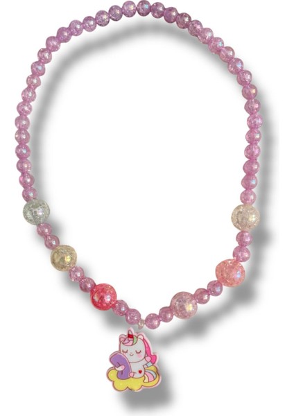 Sevimli Unicorn Rozet Model Içi Simli Boncuk Detaylı Karışık Renkli Inci Kız Çocuk Kolye