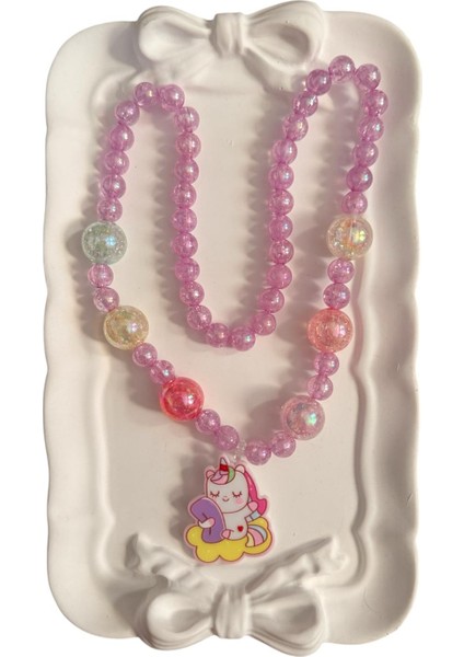 Sevimli Unicorn Rozet Model Içi Simli Boncuk Detaylı Karışık Renkli Inci Kız Çocuk Kolye modelleri