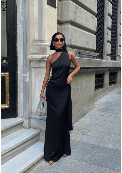 Kadın Tek Omuz Şal Detaylı Abiye Elbise Si̇yah - Xs