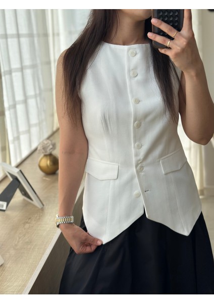 Kadın Beyaz Keten Yelek