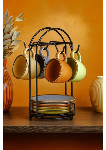 Kadıkızı 9 Parça Calma Clasıco 4 Kişilik Metal Askılıklı Porselen Kahve Fincan Takımı