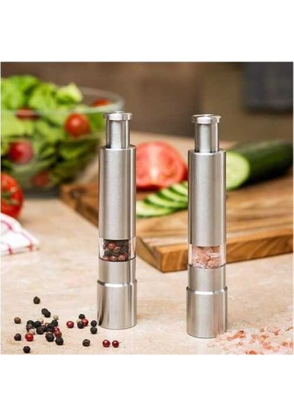 Paslanmaz Çelik Tek Elle Kullanılabilir Biber ve Tuz Değirmeni – Push Button Mekanizma, Ayarlanabilir Öğütme, Şeffaf Hazne, Dayanıklı Metal Gövde | MG600A