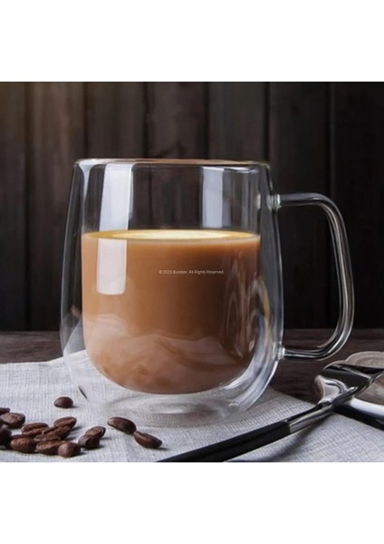 Çift Cidarlı Cam Kupa 2’li Set 250 ml Dayanıklı Borosilikat Cam, Şeffaf Çift Katlı Tasarım, Kahve,, Bitki Çayı Sunum Bardağı