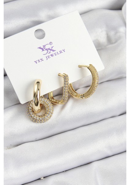 Pirinç Zirkon Taşlı Halka Model Gold Renk 3'lü Kadın Küpe