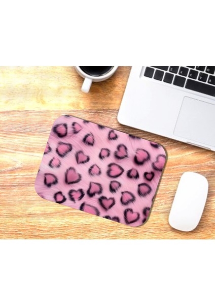 Pembe Kalpli Leopar Baskılı Mouse Pad