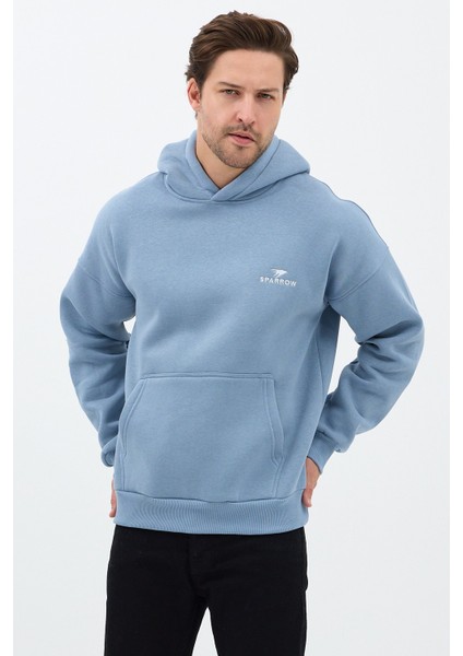 Erkek Oversize Pamuklu Kanguru Cepli Basic 3 Iplik Nakışlı Kapüşonlu Sweatshirt Mavi - 2xl