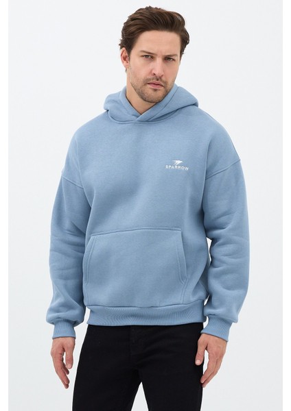 Erkek Oversize Pamuklu Kanguru Cepli Basic 3 Iplik Nakışlı Kapüşonlu Sweatshirt Mavi - 2xl fiyatları