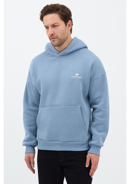Erkek Oversize Pamuklu Kanguru Cepli Basic 3 Iplik Nakışlı Kapüşonlu Sweatshirt Mavi - 2xl modelleri