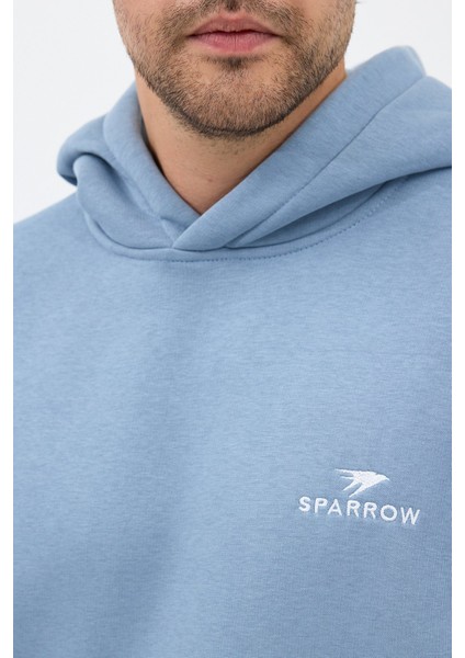 Erkek Oversize Pamuklu Kanguru Cepli Basic 3 Iplik Nakışlı Kapüşonlu Sweatshirt Mavi - 2xl