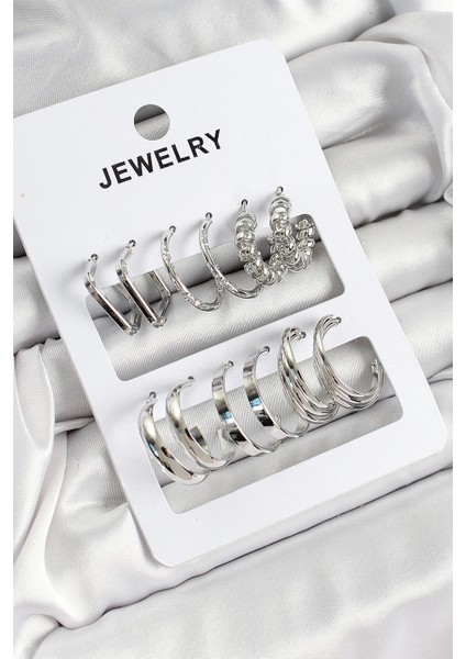 Pirinç Karışık Halka Model Gümüş Renk 6 Çift Kadın Küpe Set