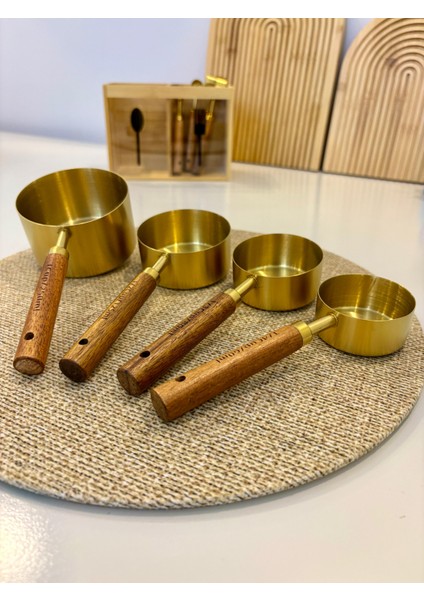 4 Adet Büyük Boy Paslanmaz Çelik Ahşap Saplı Ölçü Kaşığı Seti Ölçü Kabı 60ML 80ML 125ML 250ML