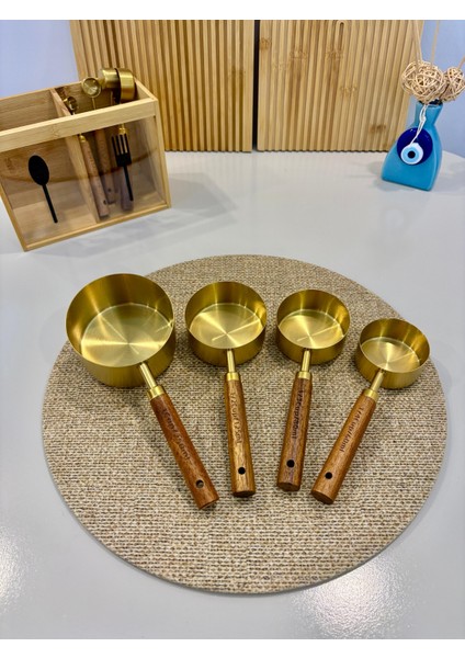 4 Adet Büyük Boy Paslanmaz Çelik Ahşap Saplı Ölçü Kaşığı Seti Ölçü Kabı 60ML 80ML 125ML 250ML modelleri
