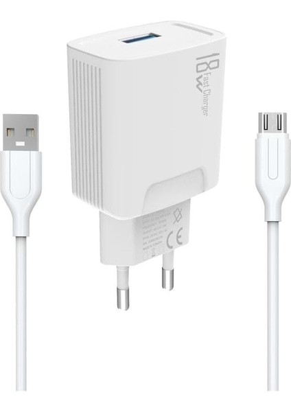 18W Şarj Adaptörü + 3.0A Hızlı Şarj Micro USB Kablo Beyaz KDR-40M (Yerli Üretim) (Micro USB Kablolu)